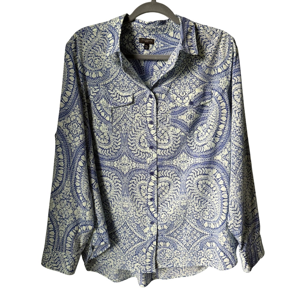 Talbots Blue White Batik Floral Print Button Up Shirt Size XLP XL Petite